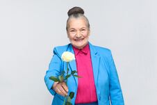 Happiness Old Woman Present For You White Rose, Toothy Smiling Stock Photos