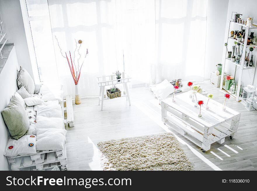 Living home interior - white and bright sunny living room
