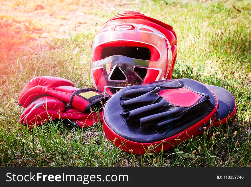 Sports Equipment For Hand-to-hand Combat Lies On The Grass