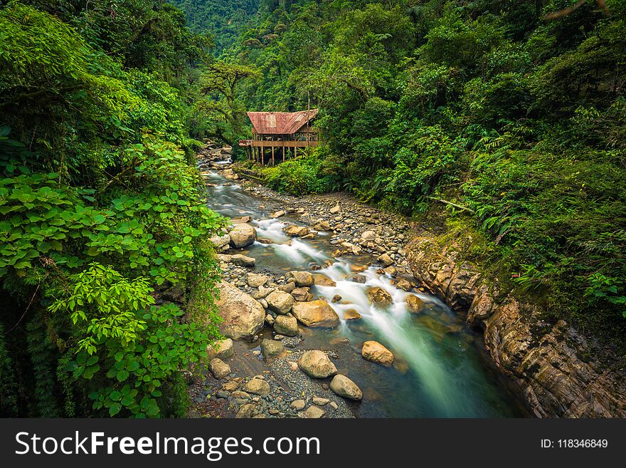Manu National Park, Peru - August 05, 2017: Jungle lodge by a