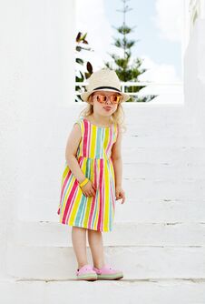 Caucasian Little Blond Girl Walking Tropical Garden Royalty Free Stock Photo