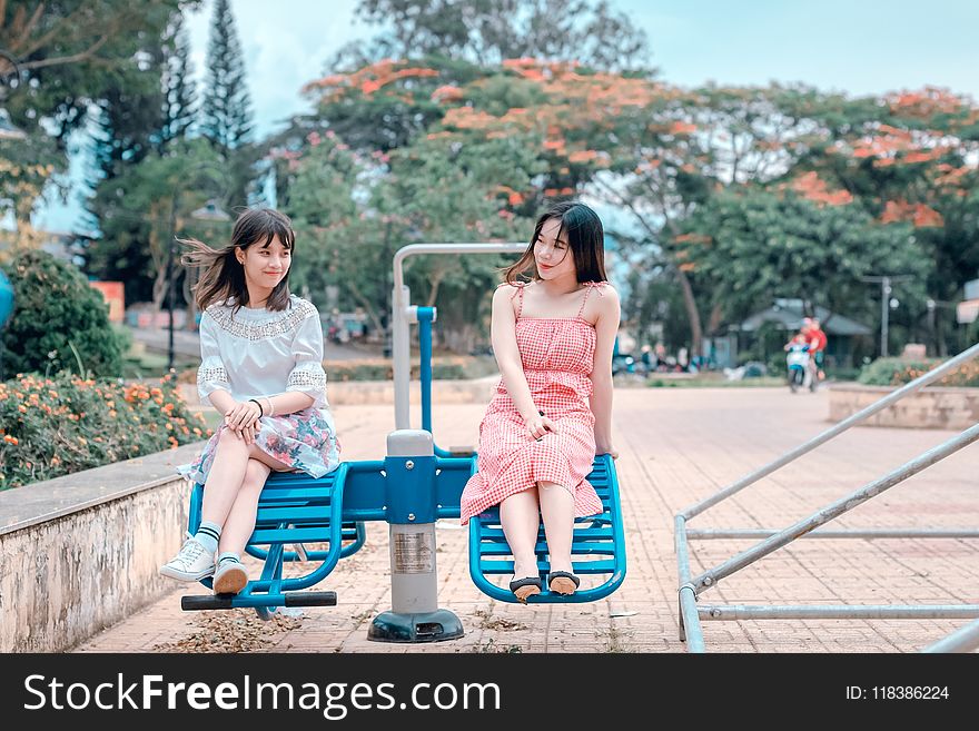 Two Women Sitting in Blue Park Ride