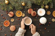 Woman With Hot Cocoa Drink At Table, Top View Stock Photos