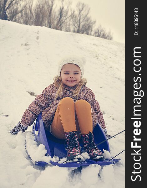 Close Up Image Of Little Girl At Winter Season.