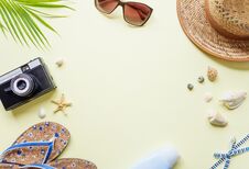 Traveler Accessories On Yellow Background With Copy-space Stock Photos Traveler Accessories On Yellow Background With Copy-space Stock Photos