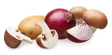 Champignon Mushrooms, Unpeeled Red Onion With Slice And Potato Royalty Free Stock Image Champignon Mushrooms, Unpeeled Red Onion With Slice And Potato Royalty Free Stock Image