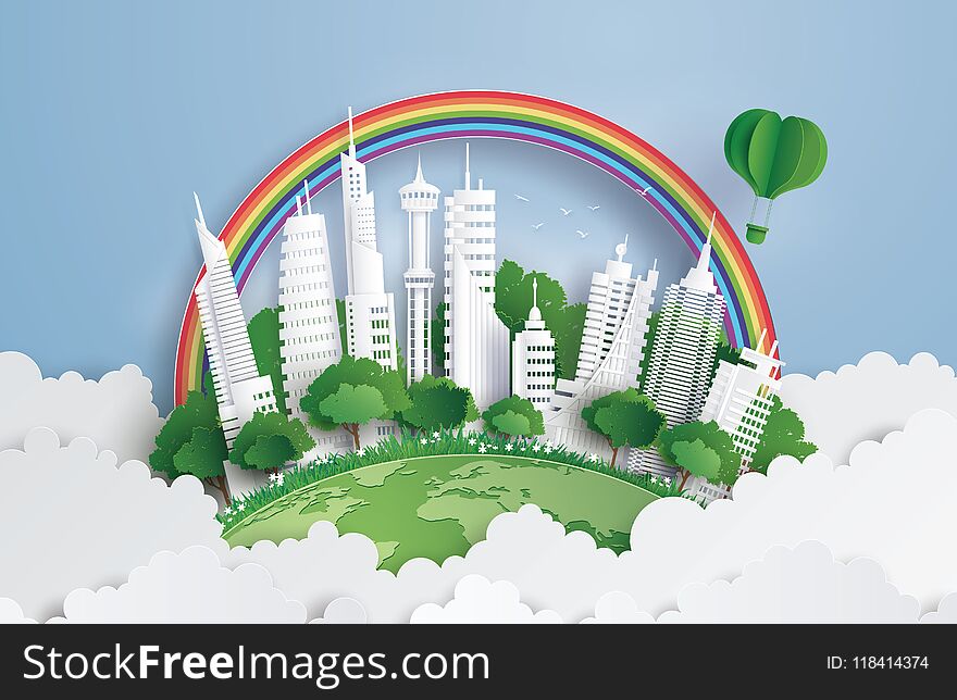 Concept of green city, Paper art and digital craft style. Concept of green city, Paper art and digital craft style.