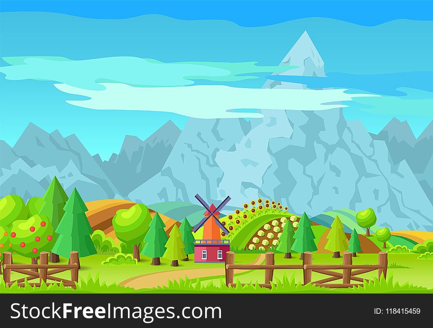 Scene of mountains and greenery, windmill and mountains, path and bushes, sunflowers and trees, view of natural life isolated on vector illustration. Scene of mountains and greenery, windmill and mountains, path and bushes, sunflowers and trees, view of natural life isolated on vector illustration