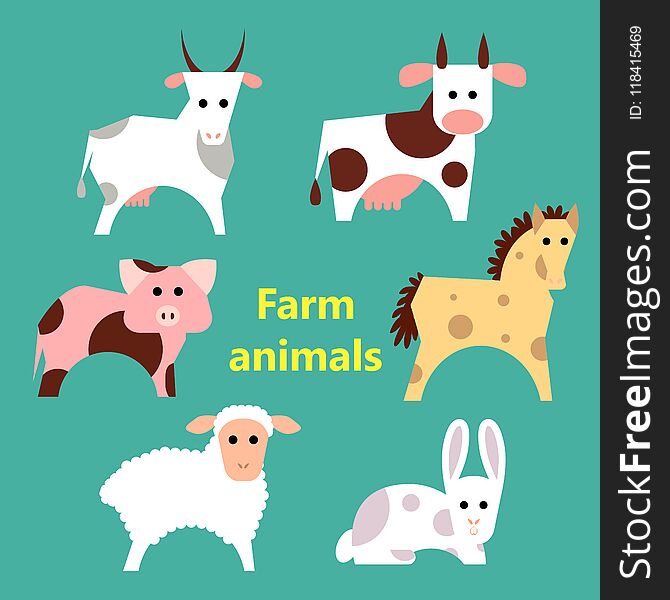 Set of farm animals on simple color background. Educational flashcard for teaching preschool in kindergarten. Colorful flat cartoon style illustration.