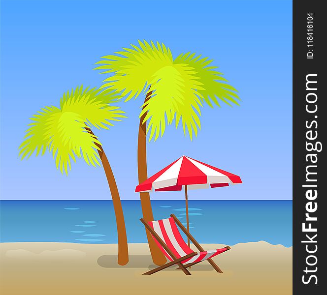 Tropical beach with chaise lounge under pam trees, striped umbrella and sunbed on coastline, vector illustration of summer time landscape, sea and sand