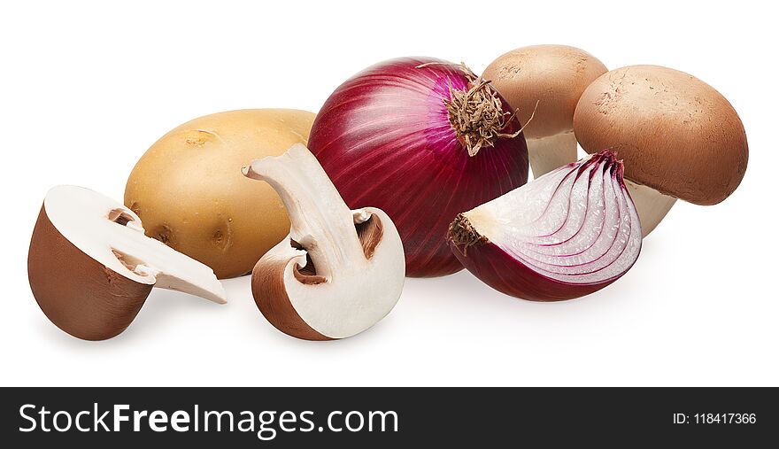 Whole and cut fresh royal champignon mushrooms, unpeeled red onion with slice and unpeeled potato isolated on white background. Whole and cut fresh royal champignon mushrooms, unpeeled red onion with slice and unpeeled potato isolated on white background