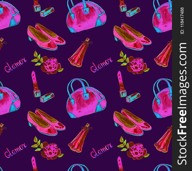 Glamor accessories, bowling type bag, lipstick, perfume, leather court shoes, rose, bright neon pink, blue colors, watercolor illustration on dark blue background, seamless pattern design