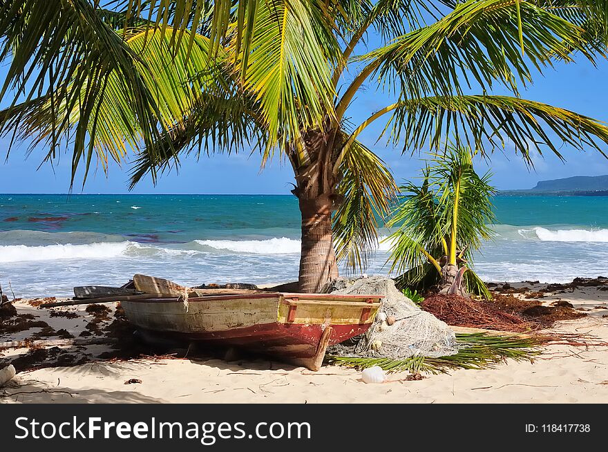 Fishing boat with networks on the Caribbean sea Dominican Republic