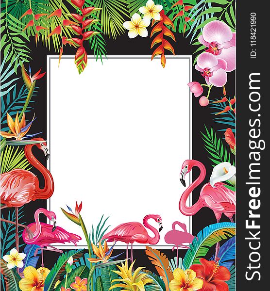 Summer Party Poster with Flamingoes and Flowers