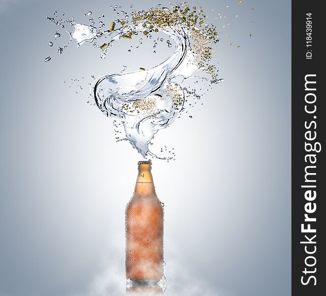 Cold Beer With Pieces Of Ice And Drops By The Bottle And Splashes Of Water, Lupus, Malt On Gray Background