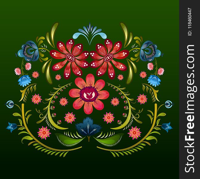 Ornamental flower design of Khokhloma a Russian style painting