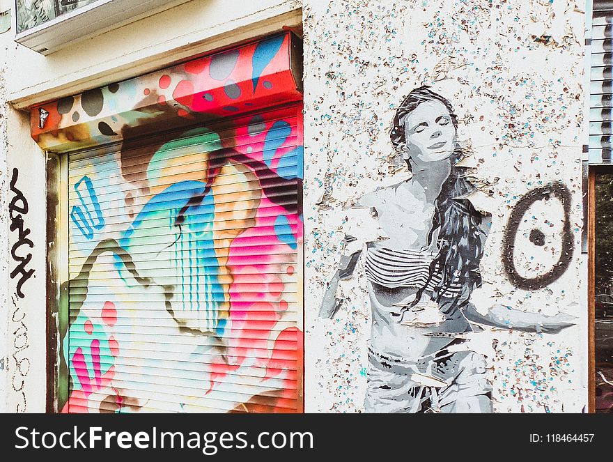 Stencil Art of Woman on Wall Near Door Shutter With Graffiti