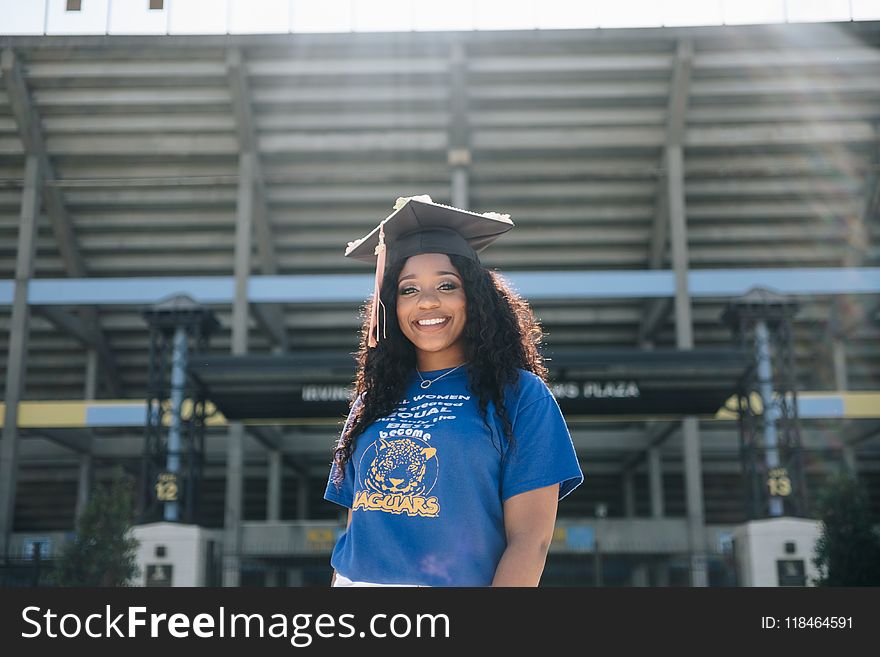 Woman In Blue Crew-neck T-shirt