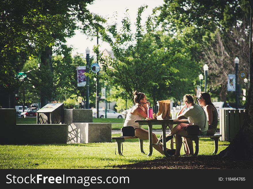 Three Women Sitting On Benches