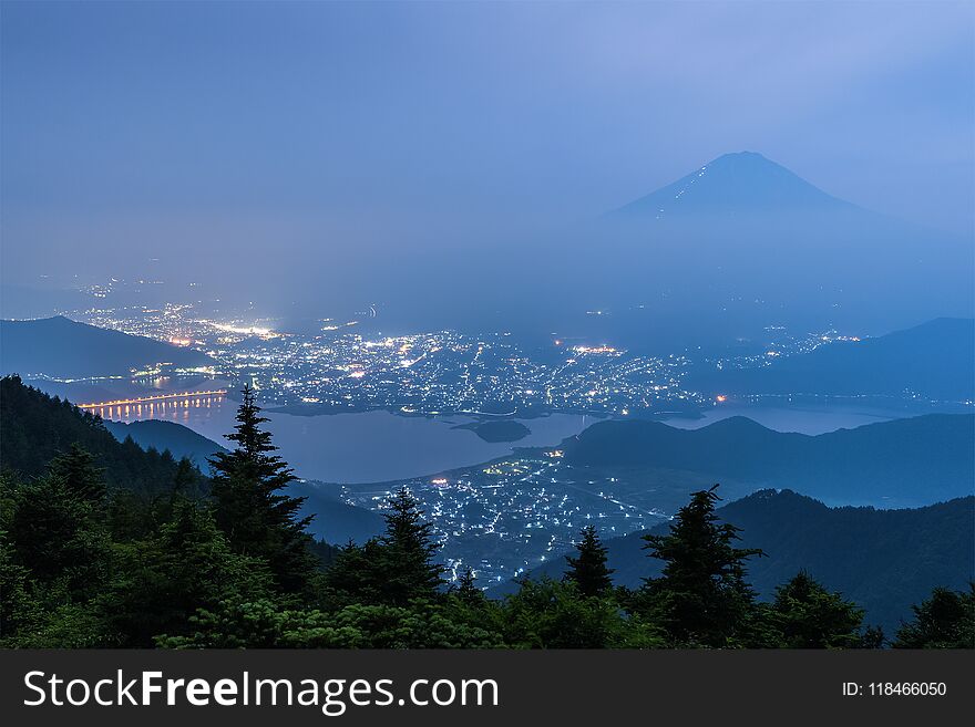 Mt.Fuji and Kawaguchiko lake at night. Mt.Fuji and Kawaguchiko lake at night