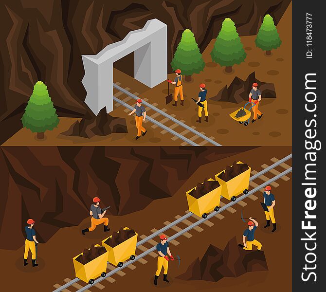 Isometric coal extraction industry horizontal banners with miners working in mine and near entrance in tunnel vector illustration