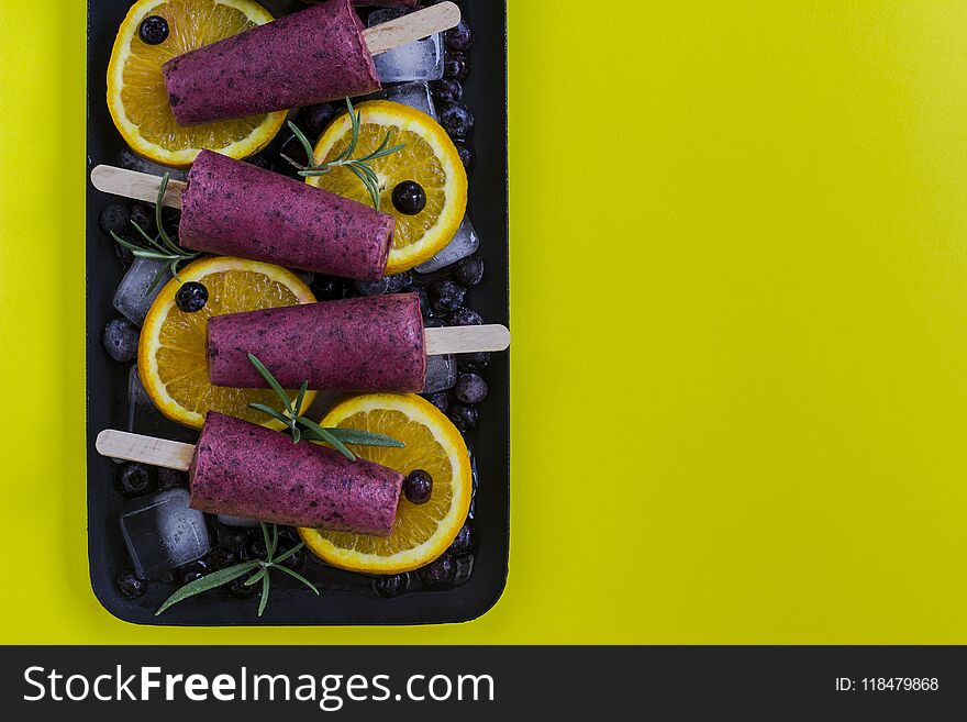 Fruit Ihomemade Ice Cream On Yellow Background. Summer Refreshment. Healthy Dessert