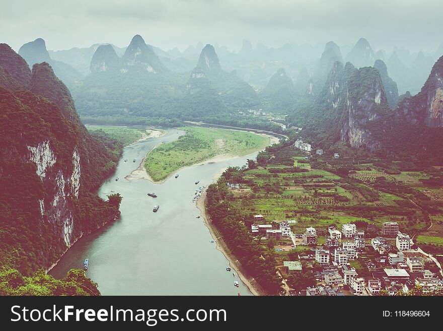 Landscape of Guilin, Li River and Karst mountains. Located near The Ancient Town of Xingping, Yangshuo, Guilin, Guangxi, China.