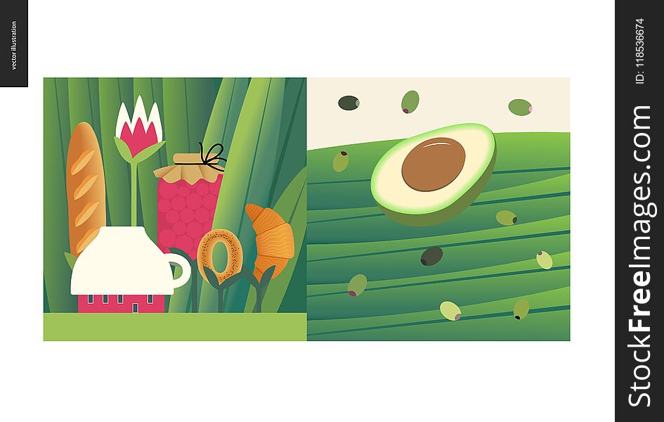Simple things - meal - flat cartoon vector illustration of tiny cup house and tee meal among huge grass trunks, jam, bread loaf, croissant, half of avocado and black green olives - meal composition