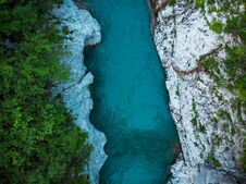 Rocks Anf Forest Along Soca River, Drone Top Down Photo,Slovenia Royalty Free Stock Photography