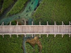 Top Down Aerial View Over Wooden Footbridge In Zelenci,Slovenia Royalty Free Stock Images