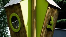 Wooden Treehouse In Playground With Green Plsatic Window Stock Image Wooden Treehouse In Playground With Green Plsatic Window Stock Image