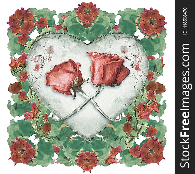 Digital art collage technique love concept ornament design with heart and flowers motif isolated on white background. Digital art collage technique love concept ornament design with heart and flowers motif isolated on white background