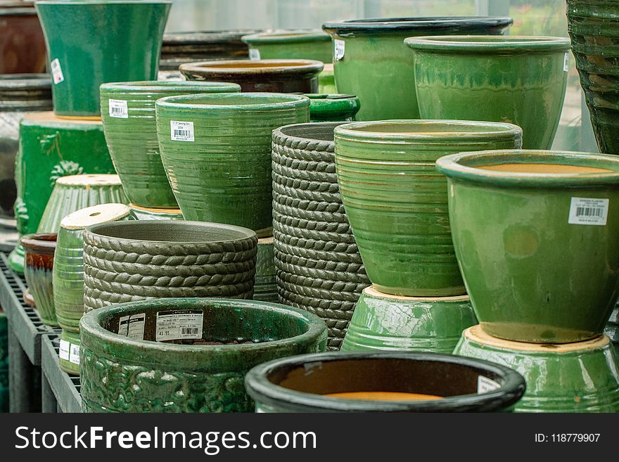 Green, Flowerpot, Pottery, Ceramic