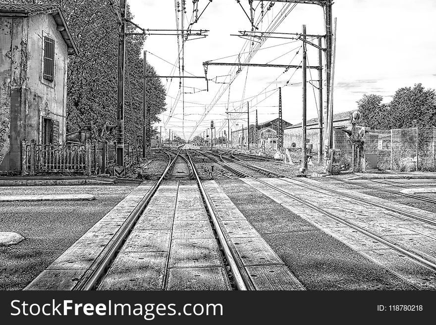 Track, Transport, Rail Transport, Black And White