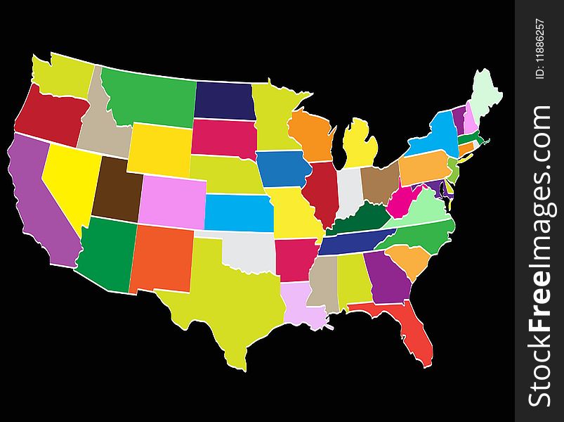 Colorful map of america´s counties isolated over black background. Colorful map of america´s counties isolated over black background