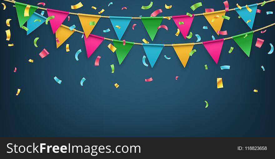 Creative illustration of realistic flag, buntings garland with shadow isolated on transparent background. Art design celebrate party invitation template. Abstract concept graphic element.