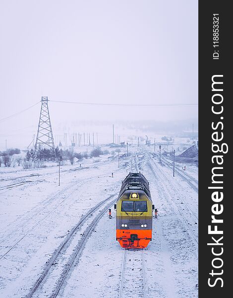 Russian train winter delivery locomotive railway track