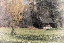 Old Wooden Vintage Rural Shed, Country Yard On The Fringe Of The Forest Of The Picturesque Forest In Autumn. Solitary Royalty Free Stock Photo