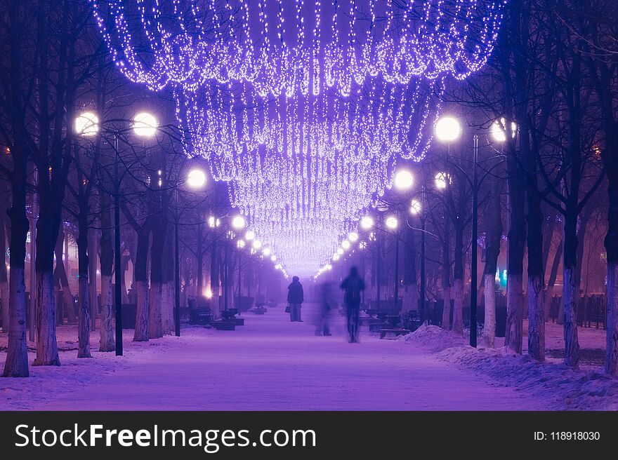 Alley Of The City With Illumination In Winter