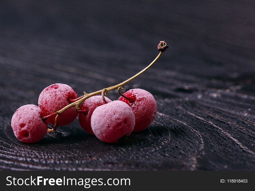 A beautiful twig of red currant covered with frost on a close-up on a dark wooden table. A beautiful twig of red currant covered with frost on a close-up on a dark wooden table