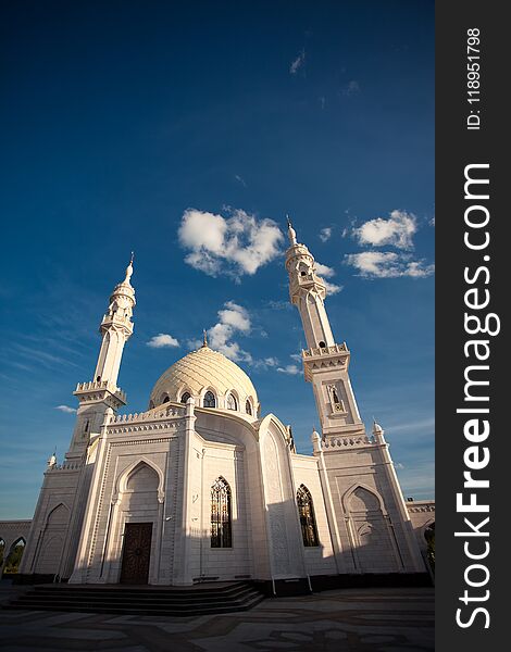 Bulgarians Tatarstan. White Islamic mosque on a Sunny day. Bulgarians Tatarstan. White Islamic mosque on a Sunny day