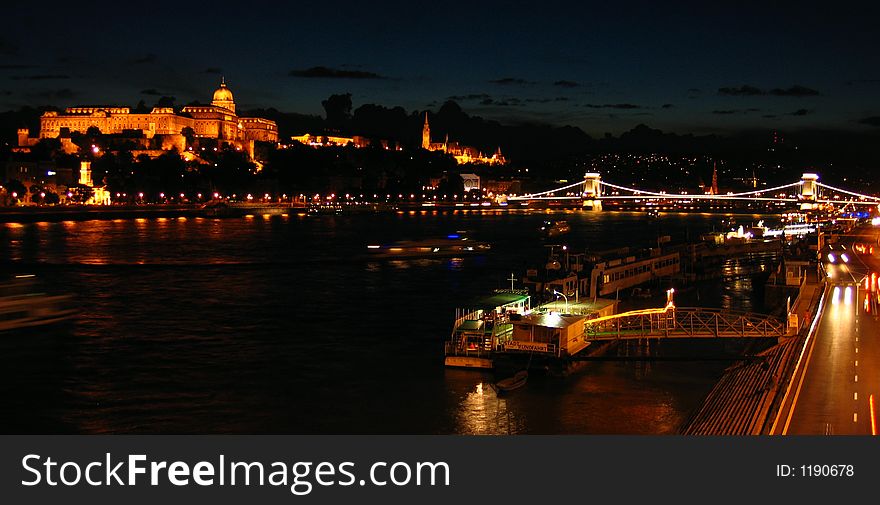 Budapest night view surprising the Royal Palace, Matyas Church and the Chain Bridge over the Danube. Budapest night view surprising the Royal Palace, Matyas Church and the Chain Bridge over the Danube.