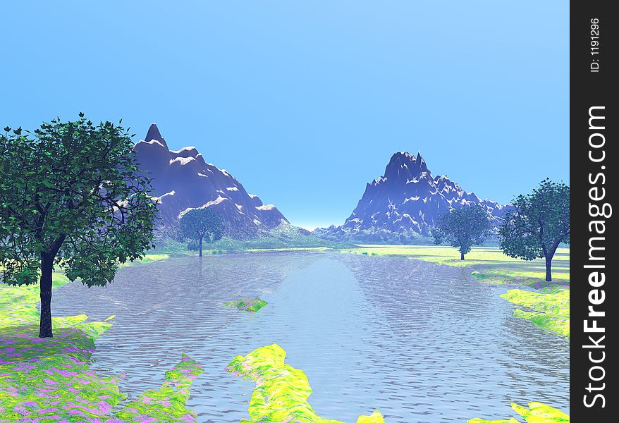 Serene Landscape computer-generated in Bryce. 3D rendered landscape terrain. Serene Landscape computer-generated in Bryce. 3D rendered landscape terrain