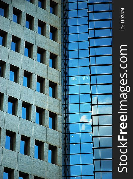 Skyscrapers with reflection. Veritcal view.