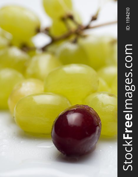 Close up of green grapes with single red grape