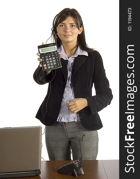 Isolated businesswoman displays calculator's screen
