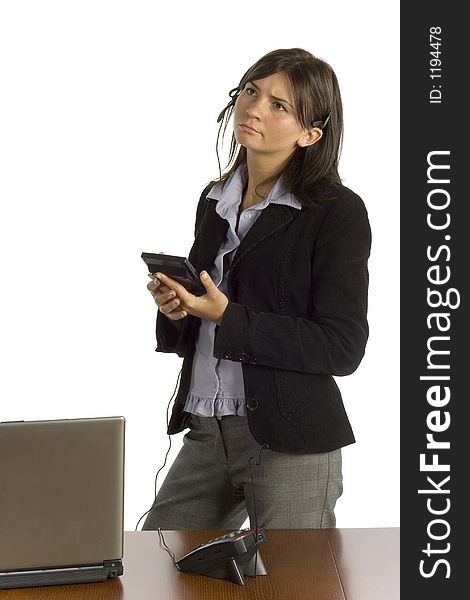 Female Office Worker With Calculator - Thinking