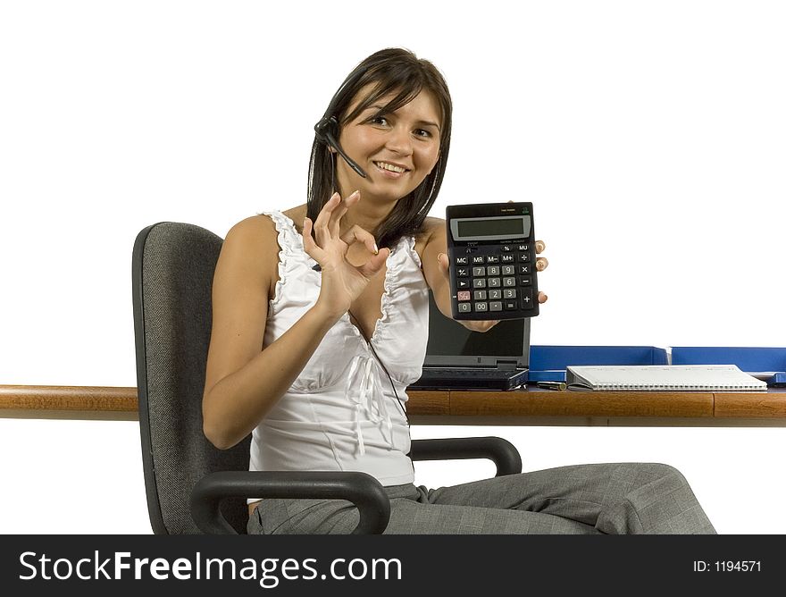 Isolated businesswoman displays calculator's screen