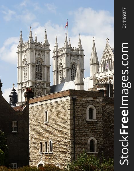 The towers of Westminster Abbey, London.