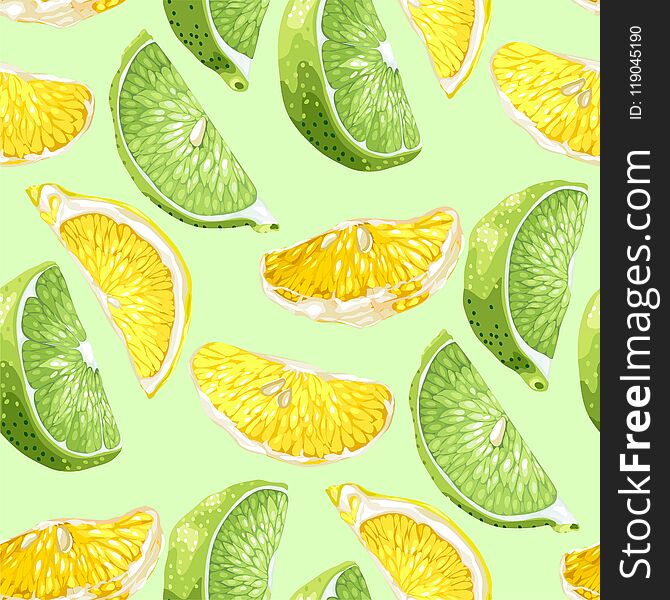 Seamless pattern with citrus slices of lemon and lime tree fruit